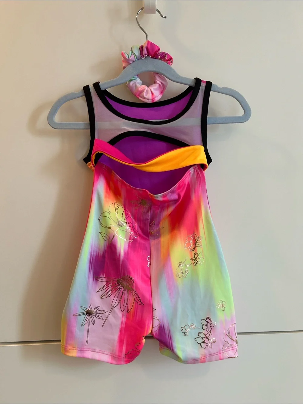 Justice Pink Multi Rainbow Floral Dance Leotard with Matching Scrunchie - XS